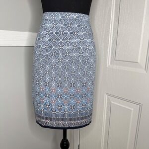 Max Studio Pencil Skirt Womens LARGE Multi Geo Print Knit Rayon Lined‎ Pull On